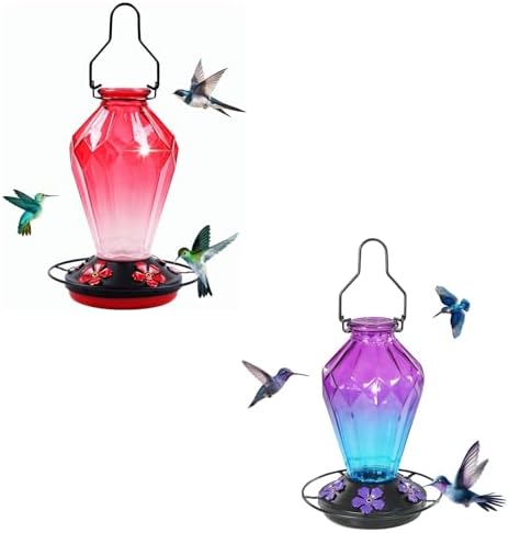 Glass Hummingbird Feeders for Outdoor Hanging, 25 OZ Red and 25 OZ Purple