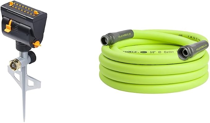 Mini Oscillator on Step Spike & Flexzilla Garden Hose 5/8 in. x 25 ft, Heavy Duty, Lightweight, Drinking Water Safe, ZillaGreen - HFZG525YW-E