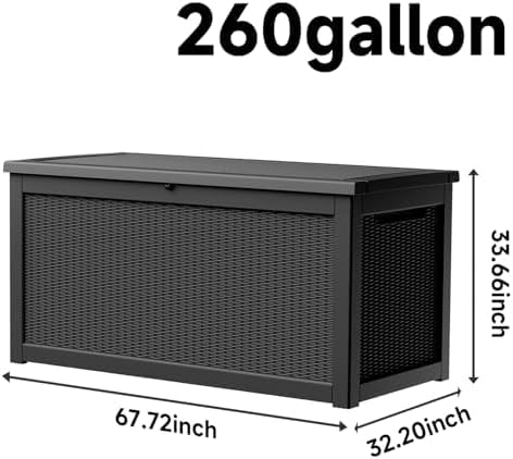 260 Gallon Deck Box, Waterproof Resin Rattan Outdoor Storage Box with Lockable Lid, Fade Resistant Patio Storage Box for Garden Tools, Pool Accessories, Outdoor Cushions, Black