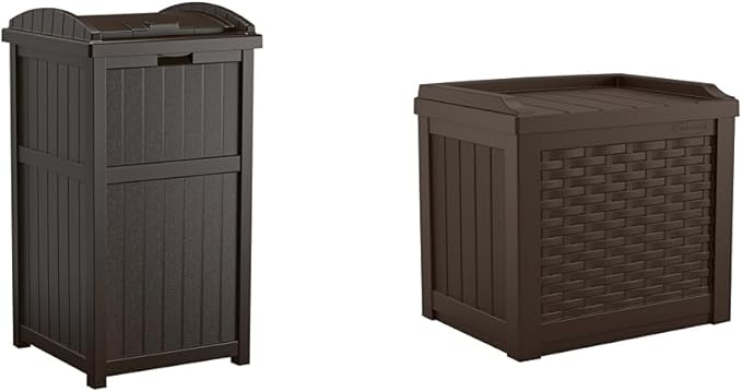 Suncast 33 Gallon Durable Plastic Hideaway Outdoor Garbage Can with Secure Lid and Wicker Design for Home Backyards, Decks, or Patios, Java Brown & 22 Gallon Small Resin Storage Seat, Java, SSW600J