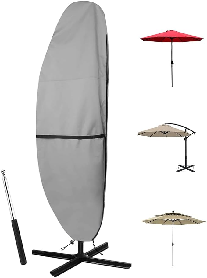 Patio Parasol Cover - 600D Waterproof, Anti-UV Fits 7.5-11.5 Feet Offset Umbrella（Gray）