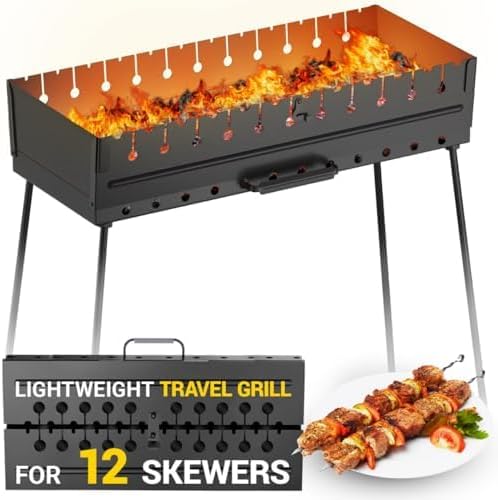 Charcoal Grill for 12 Skewers - Portable BBQ Mangal - Foldable Metal Grill for Shashlik, Kebab, Picnic, Outdoor Cooking (Skewers Not Included)