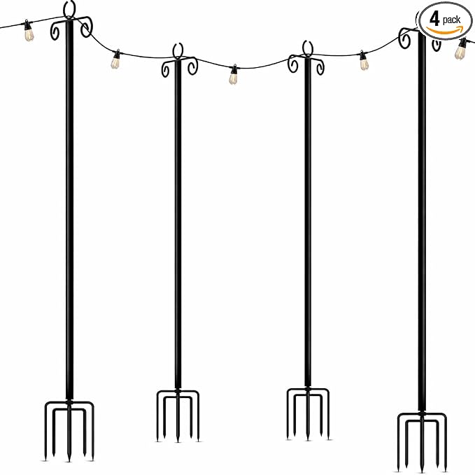 Brightech 4-Pack 10FT String Light Poles for Outdoor Use, Heavy Duty Metal Poles with Fork Base for Hanging Patio Lights, Adjustable for Garden, Backyard, Porch, or Fence Lighting Decor
