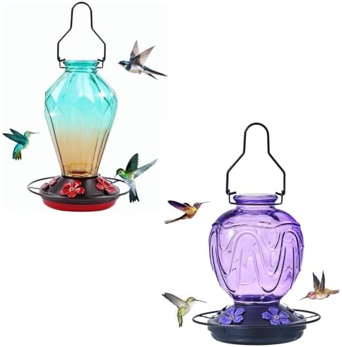 Glass Hummingbird Feeders for Outdoor Hanging, 25 OZ Green and 24 OZ Purple