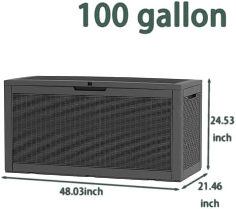 100 Gallon Deck Box, Waterproof Resin Rattan Outdoor Storage Box with Lockable Lid, Fade Resistant Patio Storage Box for Garden Tools, Pool Accessories, Outdoor Cushions, Black