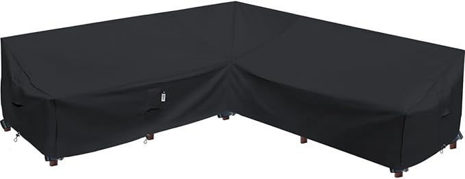 Heavy Duty Outdoor Sectional Sofa Cover, 130-inch L-Shaped Waterproof 600D Patio Furniture Covers, Lawn Patio Couch Protector(Midnight Black, V-Shaped-130" x 130")