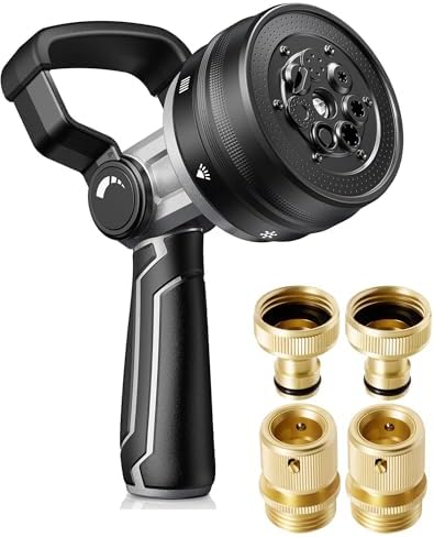 RAINPOINT Garden Hose Nozzle and Quick Connector Set, 7 Spray Patterns Heavy Duty Metal Hose Nozzle with Adjustable Flow Control, 3/4 Inch Solid Brass Quick Connectors for Easy Switching