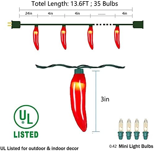 Chili Pepper String Lights Plug in, 13.6Ft 35 LED Red Chili Pepper Christmas Lights, Connectable Chili Lights UL Listed for Outdoor Indoor Kitchen Garden Fiesta Patio Mexican Party Decor, Green Wire