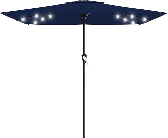 AreShark 8' X 10' Rectangular Patio Umbrella with Solar Lights, Lighted Solar Umbrella with Crank, Outdoor Table Umbrella for Garden, Deck, Backyard, Pool and Beach, Navy