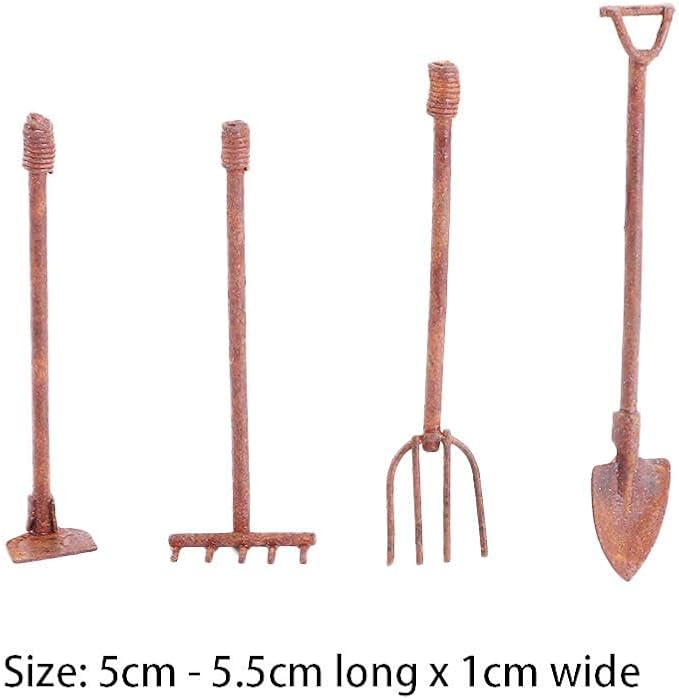 4 Pcs/Set Miniature Dollhouse Garden Tools 1:12 Mini Rusty Shovel Hoe and Pitchfork Fairy Garden Accessories Furniture Ornaments Micro Landscape Decor (1.96~2.16Inch Long x 0.39Inch Wide)