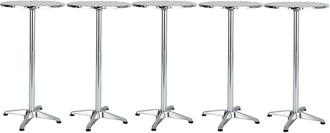 BTEXPERT Set of 5 – 45" Bar Height Round Flip-Top Aluminum Tables with 23.75" Stainless Steel Surface, Commercial-Grade Indoor/Outdoor Furniture for Restaurants, Cafés & Patios, 25.75" Base