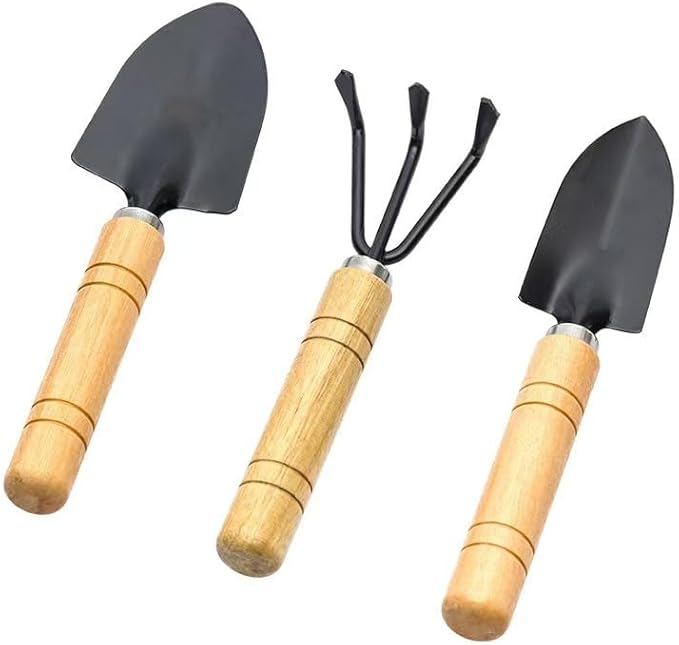 3 Pcs Mini Gardening Tool Set, Shovel, Spade, Rake Kit with Ergonomic Wooden Handles, Ideal for Planting, Weeding and Cultivating, Gardening Plant Tool for Cactus Herbs Indoor Miniature Plants (1 Set)