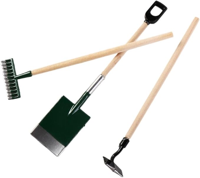 Miniature Dollhouse Garden Tools 3PCS Mini Doll House Working Accessories, 1:12 Scale Dollhouse Miniature Shovel Hoe and Pitchfork