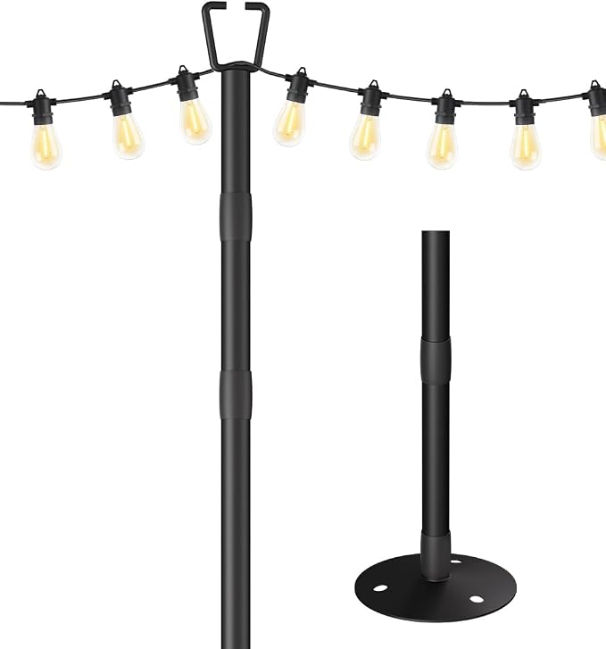 10FT String Light Poles for Outdoor Decor, Sturdy Light Pole with Hard Ground Base, Adjustable Metal Posts for Outside Patio, Backyard, Deck, Garden, Party, Wedding