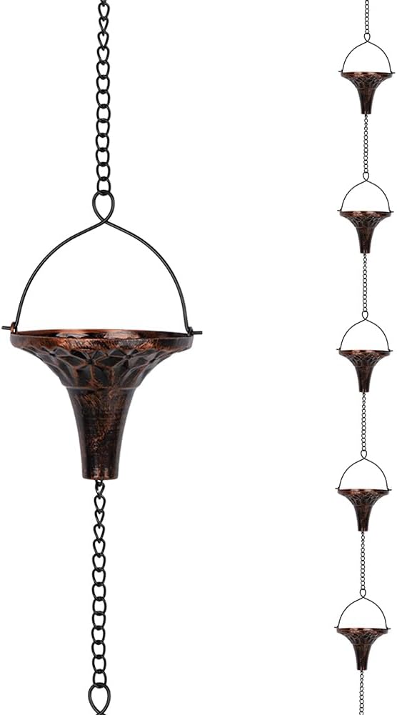 9.7ft Rain Chain with 10-Cup for Outside Gutters,Eaves, Drainage | Metal Rain Chain, Decorative Replacement Downspout, Adjustable Length, Brown