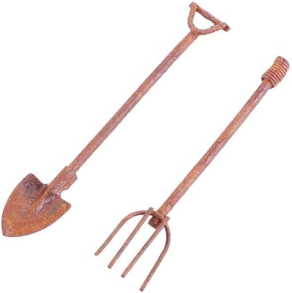 4 Pcs/Set Miniature Dollhouse Garden Tools 1:12 Mini Rusty Shovel Hoe and Pitchfork Fairy Garden Accessories Furniture Ornaments Micro Landscape Decor (1.96~2.16Inch Long x 0.39Inch Wide)