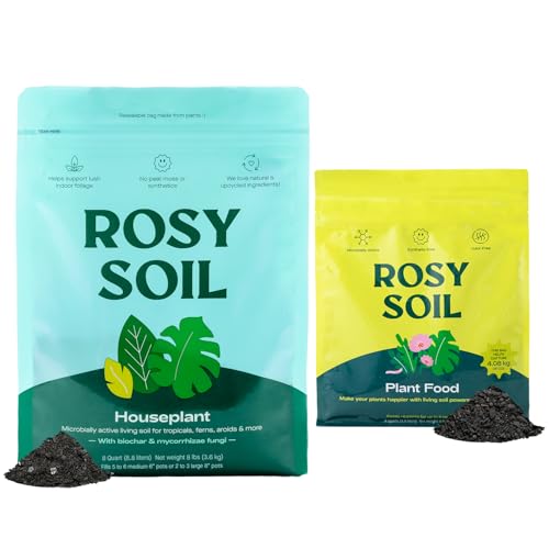 Rosy Soil Plant Food (4 qts) + Indoor Potting Soil (8 qts) - Microbially Active Fertilizer for Houseplants, Herbs, Flowers - Peat Free Potting Soil Mix for Indoor Plants