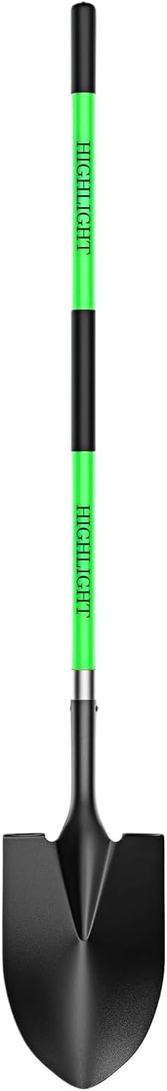 HIGHLIGHT 56-Inch Heavy Duty Round Point Garden Shovel with Non-Slip Fiberglass Handle and Sharp Blade for Deep Digging, Trenching, Landscaping, Snow, Camping and Yard Work - Green