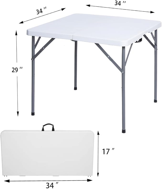 Lakhow 34" Square Folding Table, Plastic Commercial Folding Card Table with Collapsible Legs for Kitchen or Outdoor Party Wedding Event Indoor Outdoor Use, White