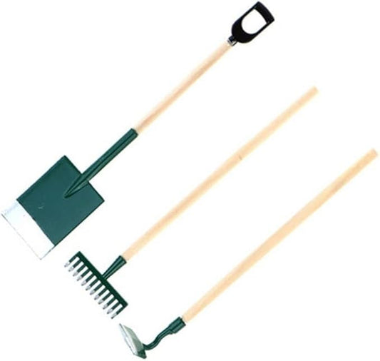 3Pcs Miniature Garden Tools 1:12 Mini Shovels and Rake Farm Tools Fairy Garden Furniture Dollhouse Accessories (Green)
