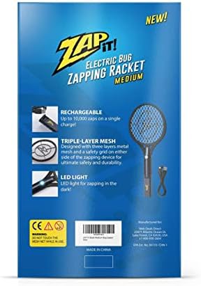 ZAP IT! Bug Zapper Rechargeable Bug Zapper Racket, 4,000 Volt, USB Charging Cable
