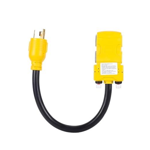 Heavy Duty 30Amp to 20 Amp 125V RV Distribution Adapter. Generator Locking Plug NEMA L5-30P Male to Female Receptacle 4*5-20R/5-15R with Circuit Breaker.RV Generator Adapter Cord 1.5FT，Yellow