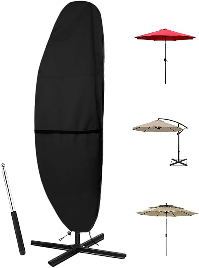 Patio Umbrella Parasol Cover - 600D Waterproof, Cantilever Offset Umbrella Cover with Sturdy Zipper, Anti-UV Outdoor Umbrella Cover Fits for 7.5-11.5 Feet（Black）