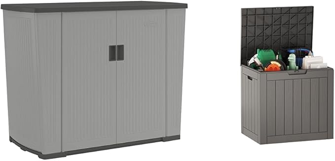 Suncast 130 Gallon Backyard Storage Shed Bundle with 31 Gallon East Oak Waterproof Deck Box for Outdoor Storage