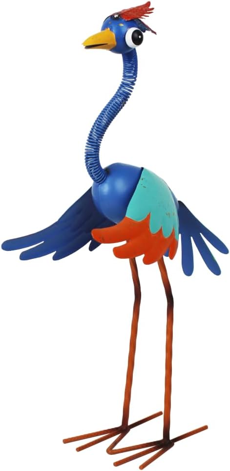 Metal Wacky Heron Garden Statue for Patio, Backyard, Lawn | 19‘’ Crane Garden Decor for Outside, Waterproof Bird Yard Art, Blue & Cyan
