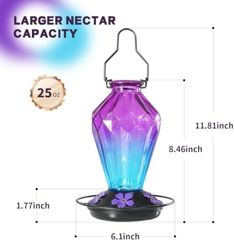 Glass Hummingbird Feeders for Outdoor Hanging, 25 OZ Purple and 24 OZ Red