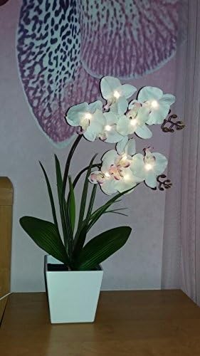 2AA LED Lighted Artificial Orchid Arrangement-Battery Operated Orchid Pot with 9 Lights (White)