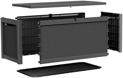 260 Gallon Deck Box, Waterproof Resin Rattan Outdoor Storage Box with Lockable Lid, Fade Resistant Patio Storage Box for Garden Tools, Pool Accessories, Outdoor Cushions, Black