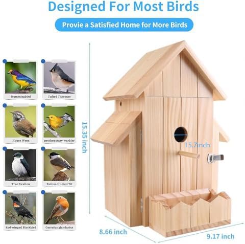 Smart Bird House with Camera, 1080p HD 2.4G WiFi Outdoor Bird Box. Features Auto Capture Bird Video & Motion Detection, Night Vision, App Alerts and Serves as a Bird Nesting Box (Natural, Normal)
