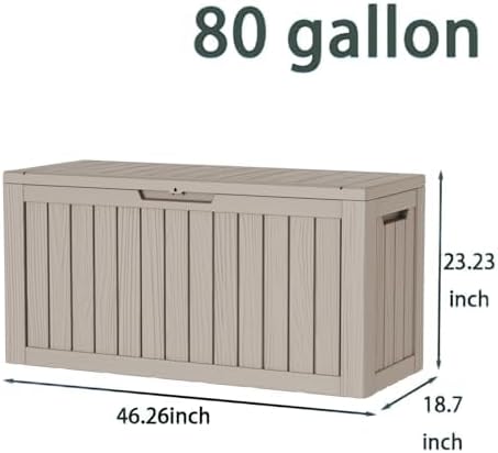80 Gallon Deck Box, Waterproof Resin Outdoor Storage Box with Lockable Lid, Patio Storage Box with Fade Resistant for Patio Furniture Cushions, Pool Accessories, Garden Tools, Light Coffee