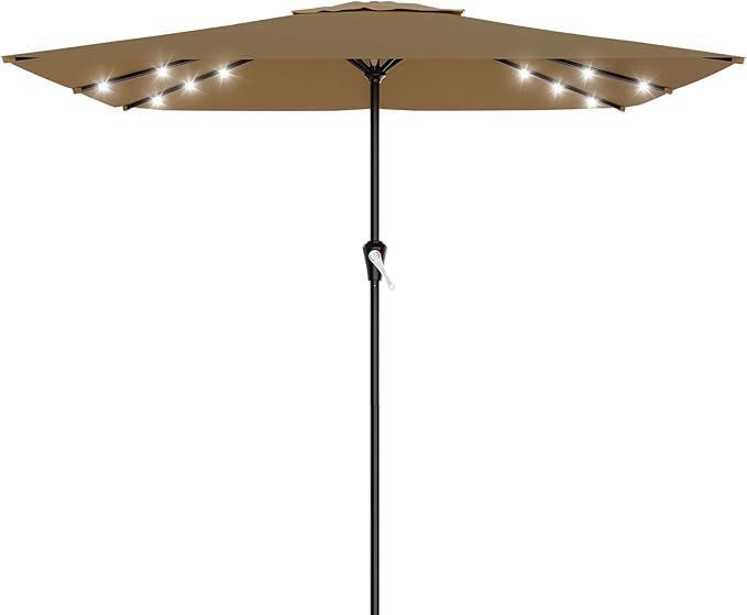 AreShark 8' X 10' Rectangular Patio Umbrella with Solar Lights, Lighted Solar Umbrella with Crank, Outdoor Table Umbrella for Garden, Deck, Backyard, Pool and Beach, Khaki