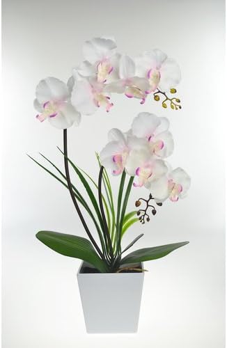 2AA LED Lighted Artificial Orchid Arrangement-Battery Operated Orchid Pot with 9 Lights (White)