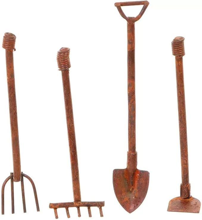 4 Pcs/Set Miniature Dollhouse Garden Tools 1:12 Mini Rusty Shovel Hoe and Pitchfork Fairy Garden Accessories Furniture Ornaments Micro Landscape Decor Garden Sculptures Statues(ZS358)