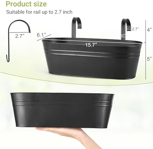 Dahey 10.5 and 15.7 Inch Metal Iron Hanging Flower Pots for Railing Fence Hanging Bucket Pots Countryside Style Window Flower Plant Holder with Detachable Hooks Home Decor