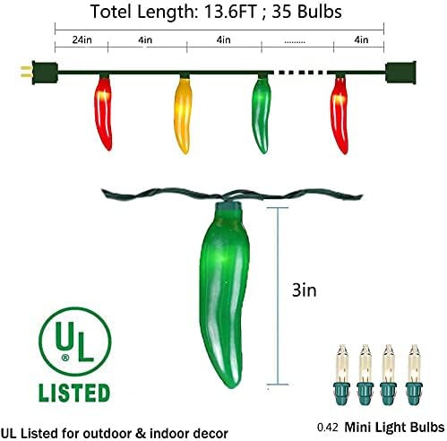 Multicolor Chili Pepper String Lights Plug in, 13.6Ft Outdoor Christmas Decorations Lights with 35 LED Red Green Yellow Chili Pepper Lights for Cinco de Mayo Fiesta House Kitchen Patio Mexican Party