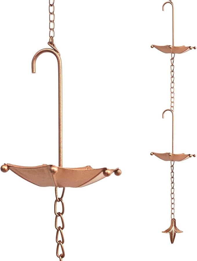 8.5FT Rain Chains with 10 Umbrella Rain Chain Cups, Rain Catcher for Gutters, Decorative Copper Rainwater Diverter Rain Chimes for Garden Decor, Replacement for Outside Gutter Downspouts in Summer