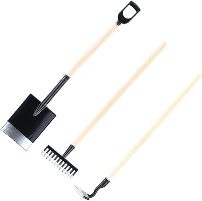 3Pcs Miniature Garden Tools 1:12 Mini Shovels and Rake Farm Tools Fairy Garden Furniture Dollhouse Accessories (Black)