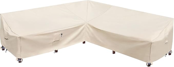 Patio Furniture Covers, Heavy Duty Outdoor Sectional Couch Cover, Waterproof 600D V-Shaped L-Shape Lawn Outdoor Furniture Protector(Natural Beige,V-Shaped-90 x90)