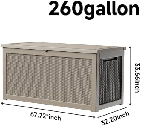 260 Gallon Deck Box, Waterproof Resin Outdoor Storage Box with Lockable Lid, Patio Storage Box with Fade Resistant for Patio Furniture Cushions, Pool Accessories, Garden Tools, Light Coffee