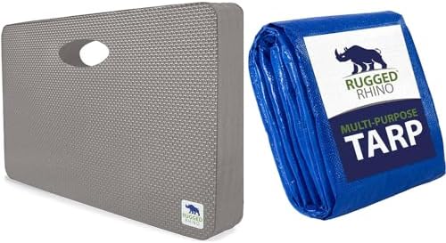 RUGGED RHINO Kneeling Pad and All-Weather Protection Tarp, Kneeling Pad Resists Water in Gray Color, Tarp is Multipurpose High Durability 6’ x 8’ in Blue Color, 2 Item Bundle