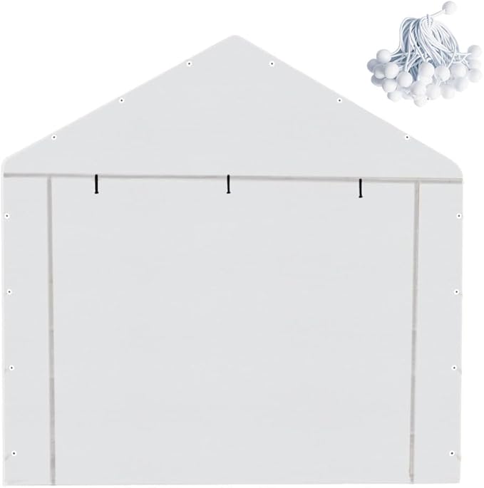 10x20 Carport Replacement Sidewall, Front/Back Panel Canopy Entrance Panel with Zippers and Elastic Ball Bungees, 180G PE Waterproof & UV Protected Replacement Sidewall Cover, White
