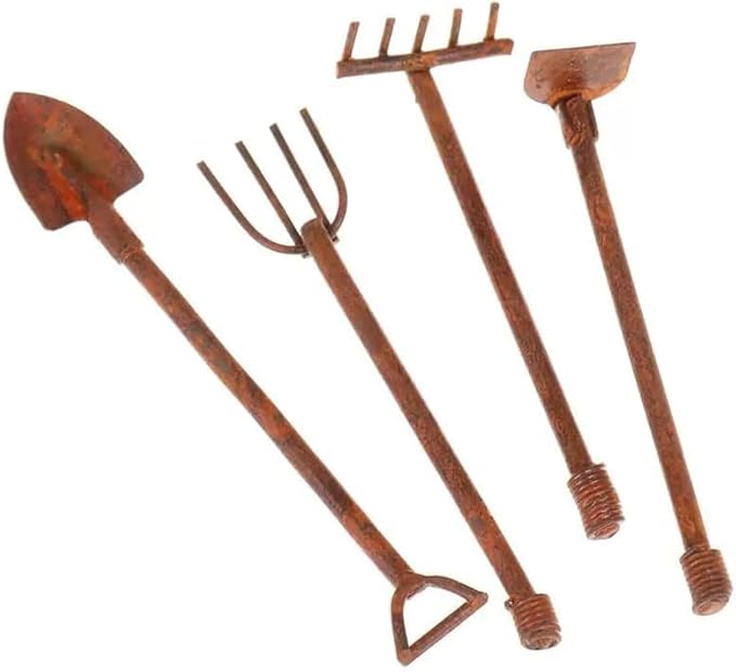 4 Pcs Miniature Dollhouse Garden Tools 1:12 Mini Rusty Shovel Hoe and Pitchfork Fairy Garden Accessories Furniture Ornaments Micro Landscape Decor Garden Sculptures Statues, Decorations