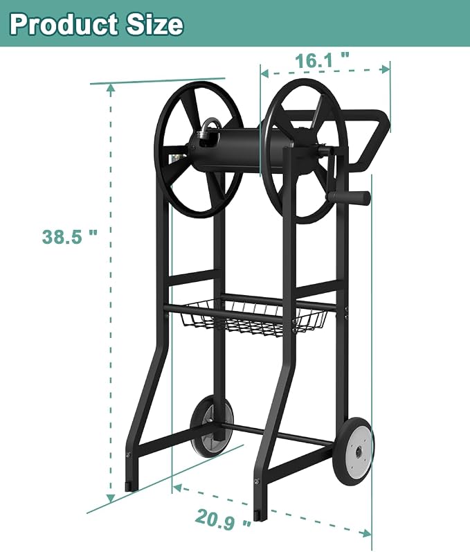 Artigarden Garden Hose Reel Cart with Wheels, Outdoor Heavy Duty Powder Coated Steel Water Winder Storage Holds 125 ft 5/8" Hoses with 3.9ft Leader Hose and Basket for Backyard, Yard, Lawn, Black