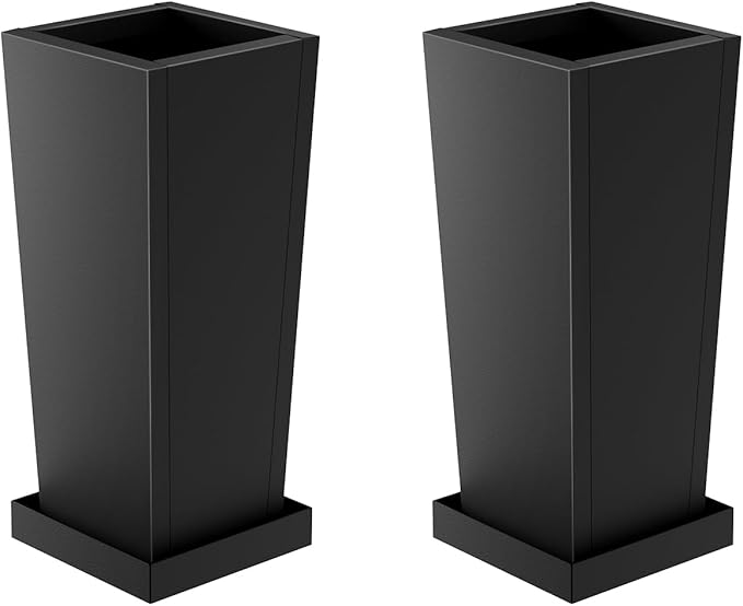 Metal Tall Outdoor Planters Set of 2, 20 inch Durable Tall Planters with Rust-Proof Coating & Drainage Insert Shelve & Trays, Black Outdoor Planters for Porch, Garden, Patio, Yard