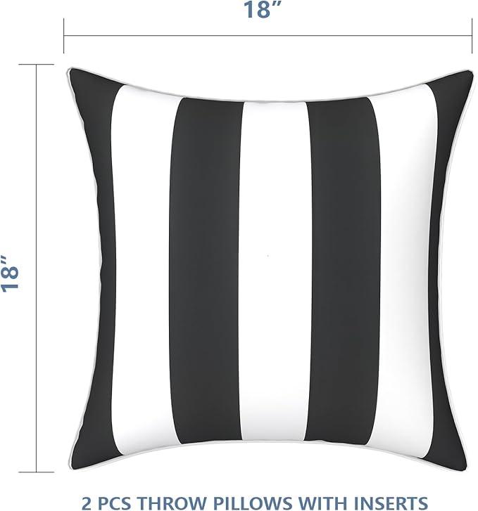 LVTXIII Outdoor Throw Pillows 18x18 Patio Waterproof Square Pillows with Piping Fade Resistant Accent Pillow for Spring Summer Garden Decoration, Set of 2, Cabana Black