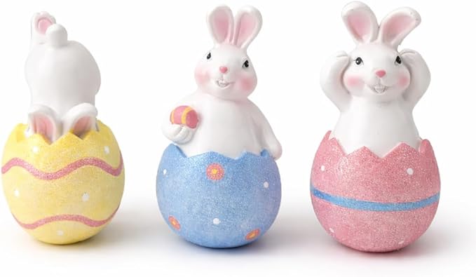GoGnome 3-Pack Easter Decorations Resin Bunny in Cracked Egg Shell Figurines 5.1''H – Spring Tabletop & Mantel Decor, for Home (Blue/Yellow/Pink)
